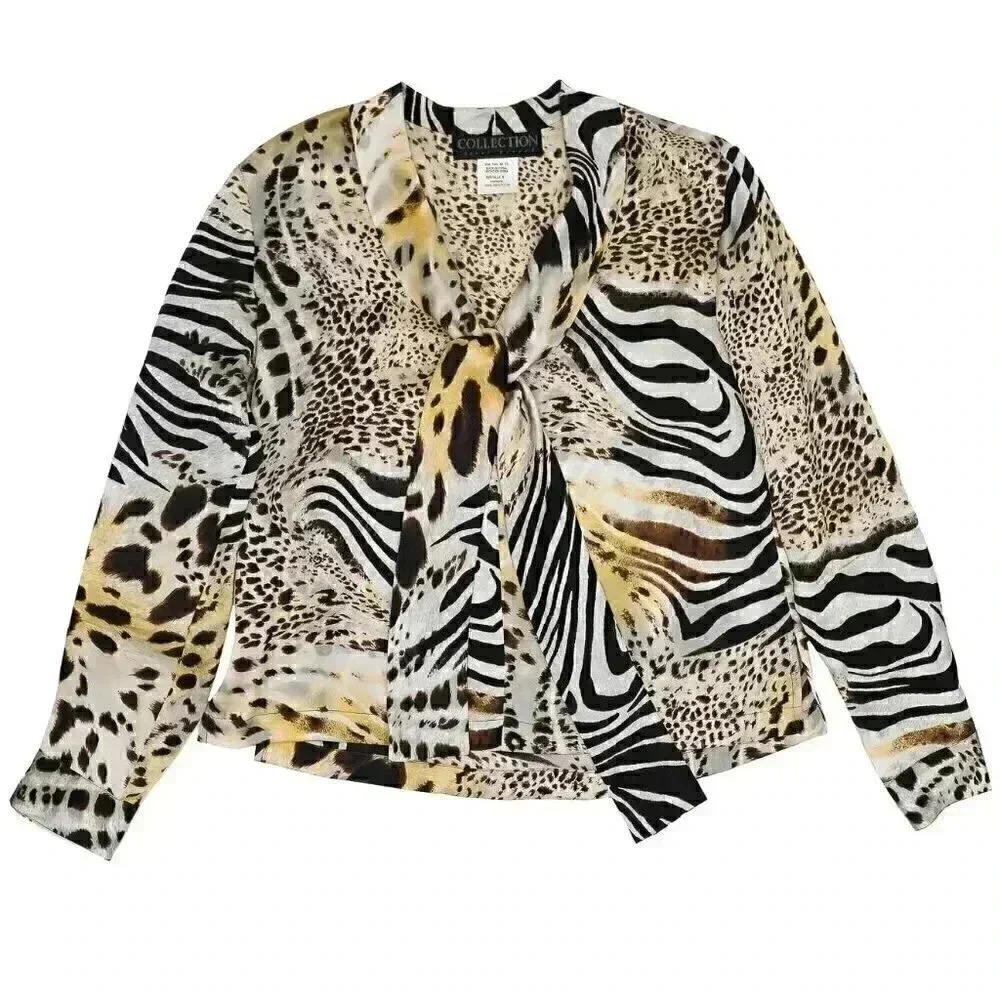 90s Y2K Silk Zebra Leopard Long Sleeve Blouse Size Medium Long Sleeve Formal Top